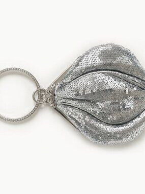 Vintage Silver Sequin Lip Clutch Bag Rhinestone Ring Handle Y2K Evening Purse